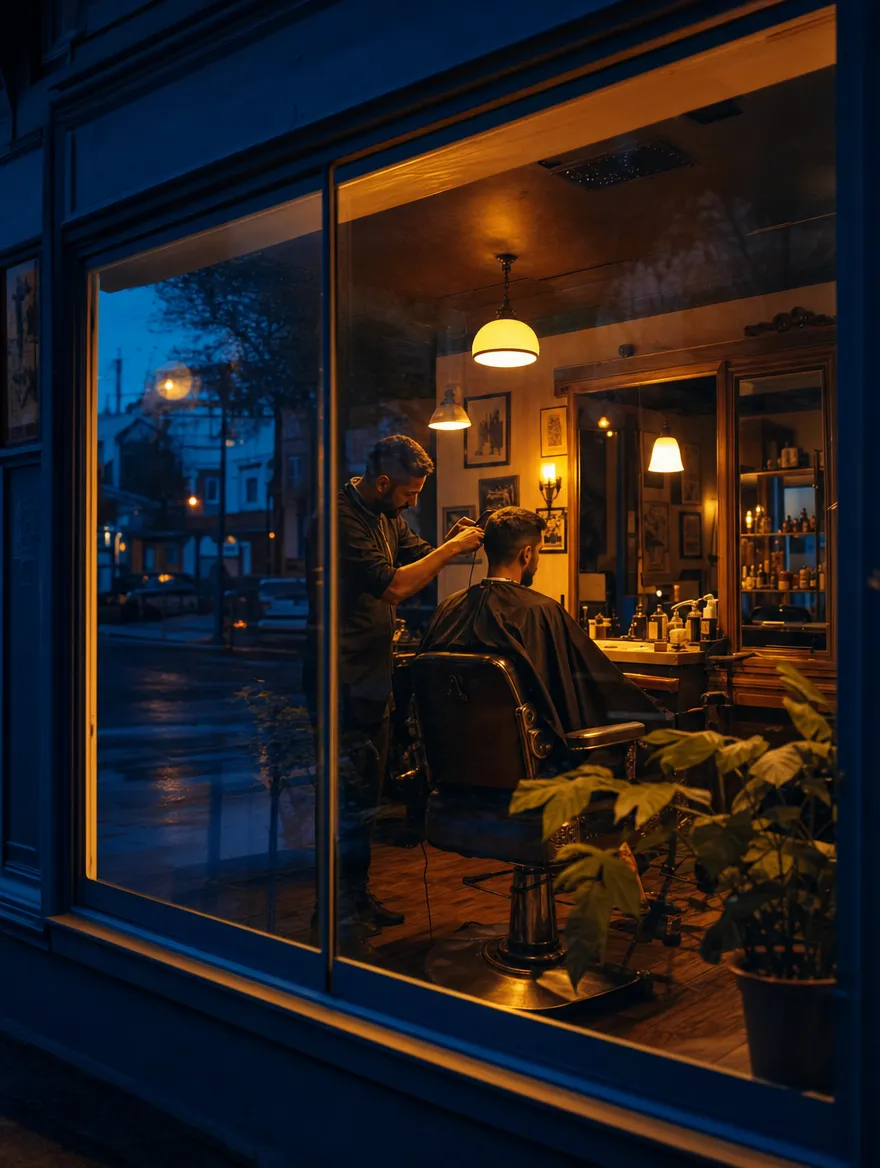 A barber cutting hair seen through the shop window