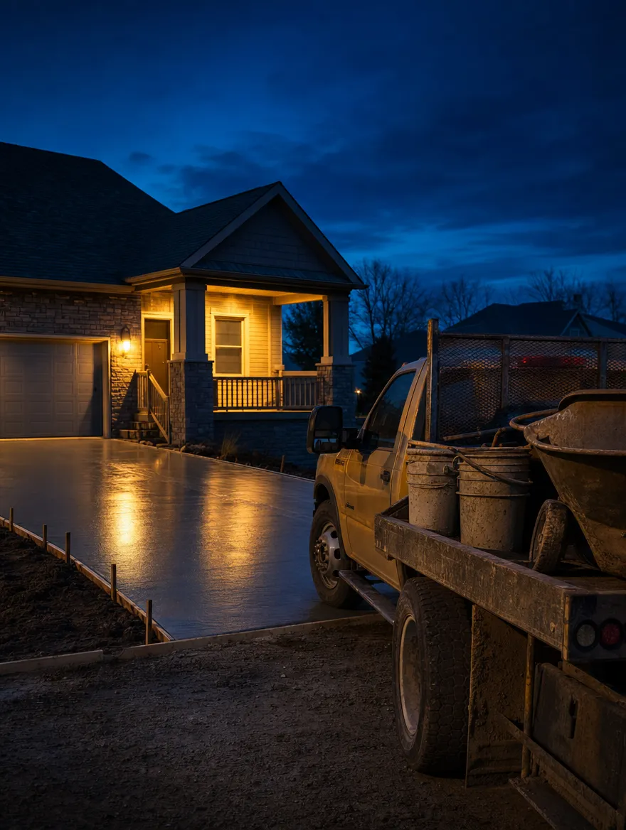 A contractor truck beside a new driveway at dusk