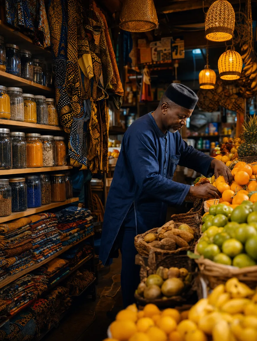 A shop owner arranging fruit in an international market
